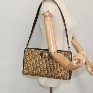 Christian Dior Trotter Canvas Shoulder Bag Beige Dark Brown Gold Auth 92689